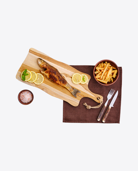 Roasted Seabass on Cutting Board w/ French Fries PNG