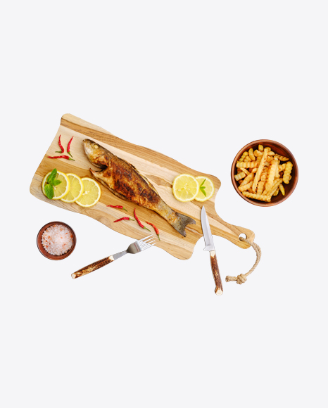 Roasted Seabass on Cutting Board w/ French Fries PNG