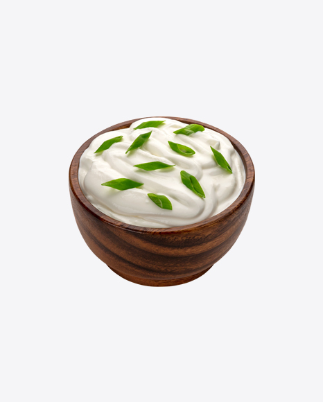 Sour Cream w/ Greens in Wooden Bowl PNG