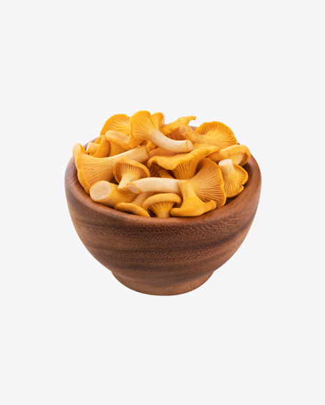 Chanterelle Mushroom in Wooden Bowl PNG
