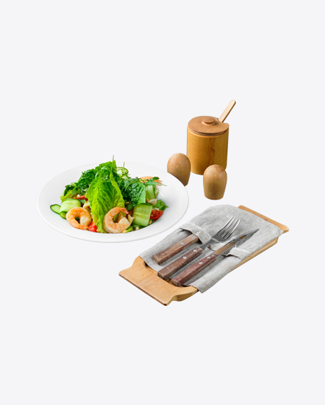 Green Salad w/ Shrimps and Tableware PNG