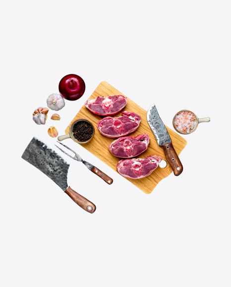 Raw Meat Pieces w/ Onion, Garlic, Spices & Tabelware on Wooden Board PNG