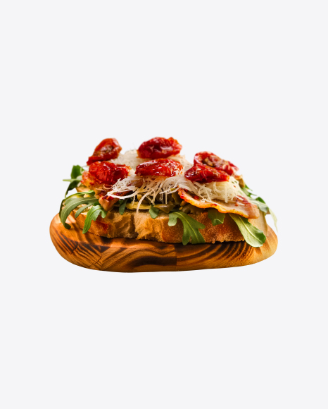 Bruschetta w/ Cheese & Dried Tomatoes on Wooden Board PNG