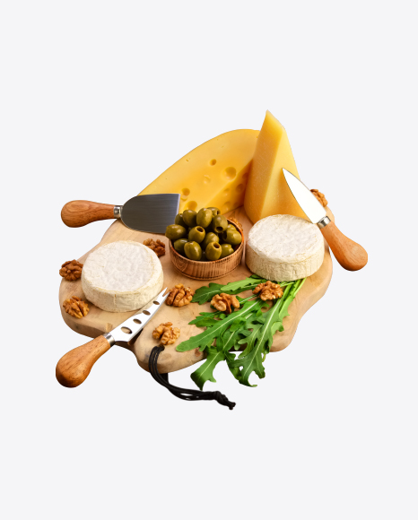 Cheese Set w/ Greens, Olives & Walnuts on Cutting Board PNG