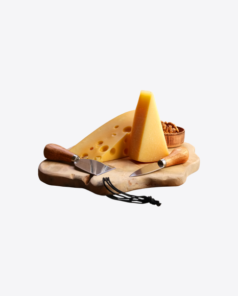 Cheese Set w/ Walnuts & Knives on Cutting Board PNG