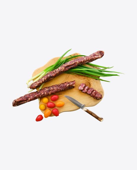 Sausages Set w/ Green Onion & Cherry Tomatoes on Wooden Board PNG