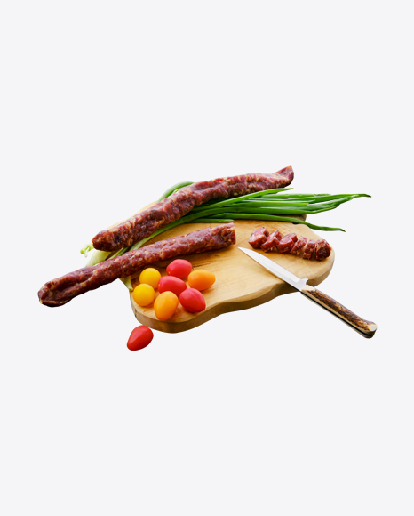 Sausages Set w/ Green Onion & Cherry Tomatoes on Wooden Board PNG