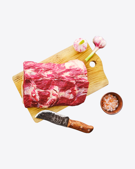 Raw Red Meat Piece w/ Salt & Garlic on Wooden Board PNG