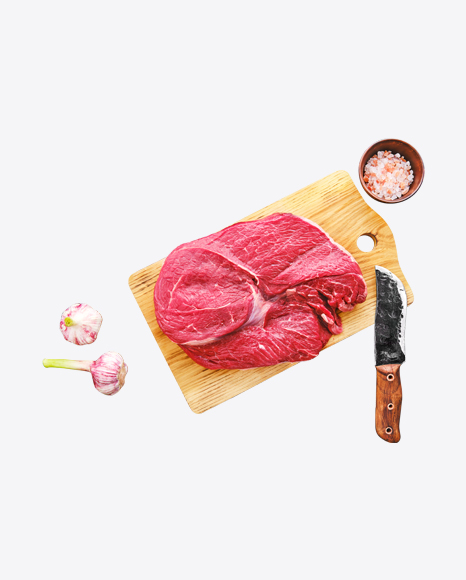 Raw Red Meat Piece w/ Salt & Garlic on Wooden Board PNG