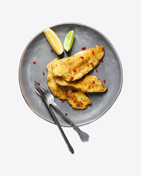 Roasted Fish Slices w/ Lemon Clices on Plate w/ Tableware