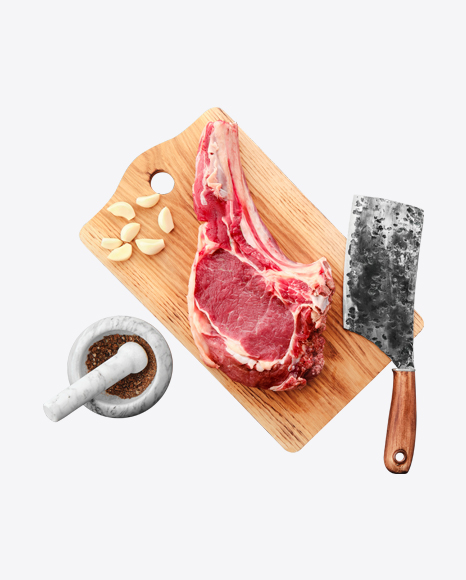 Raw Meat Slice w/ Garlic Cloves, Spices & Knife