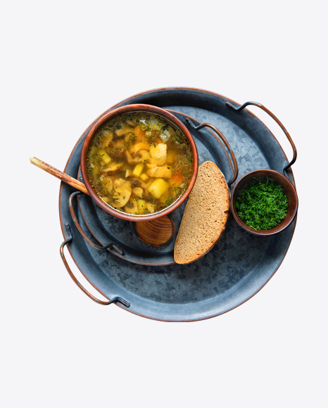 Soup w/ Bread Slice, Greens & Tableware