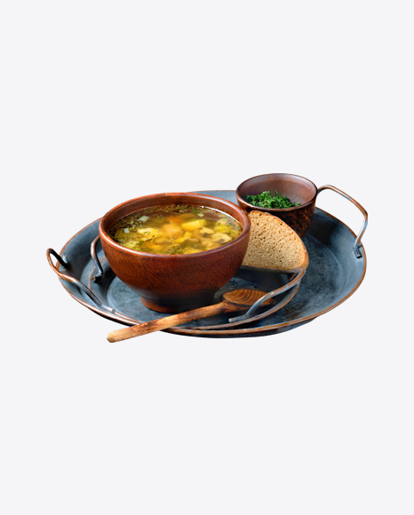 Soup w/ Bread Slice, Greens & Tableware