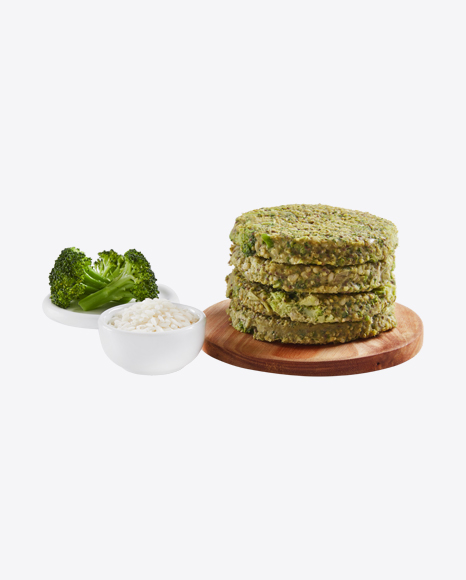 Stack of Green Vegan Patties on Wooden Board w/ Rice & Broccoli