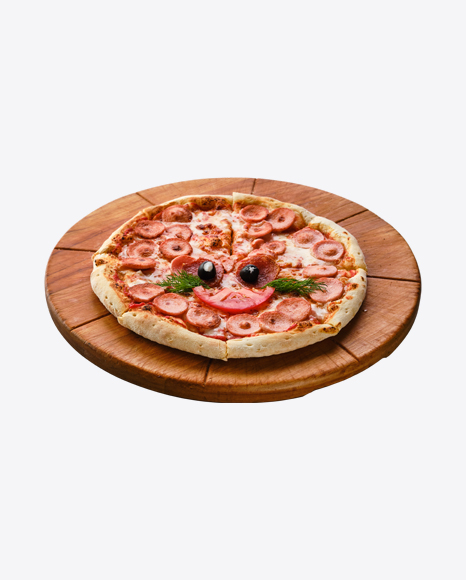 Pizza w/ Sausage Slices on Wooden Board