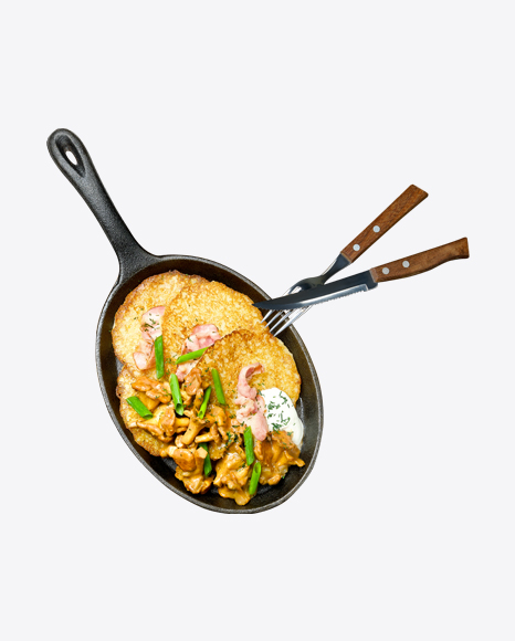 Potato Pancakes w/ Chanterelles, Bacon & Sour Cream