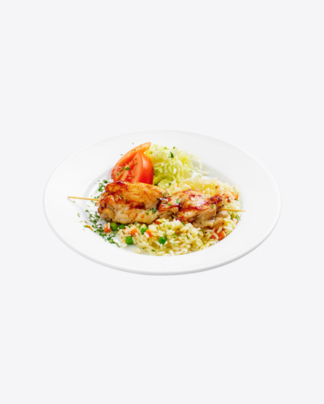 Rice w/ Teriyaki Chicken on Stick & Vegetables
