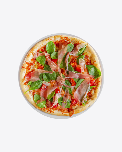 Pizza w/ Prosciutto Slices & Basil Leaves