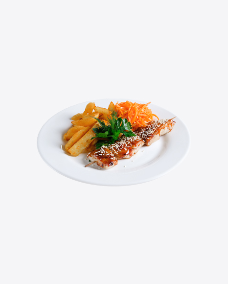 Roasted Teriyaki Fish on Stick w/ Chopped Carrot & Potato