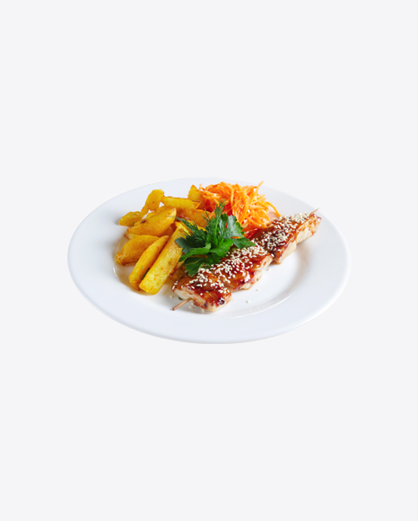 Roasted Teriyaki Fish on Stick w/ Chopped Carrot & Potato