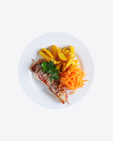 Roasted Teriyaki Fish on Stick w/ Chopped Carrot & Potato PNG