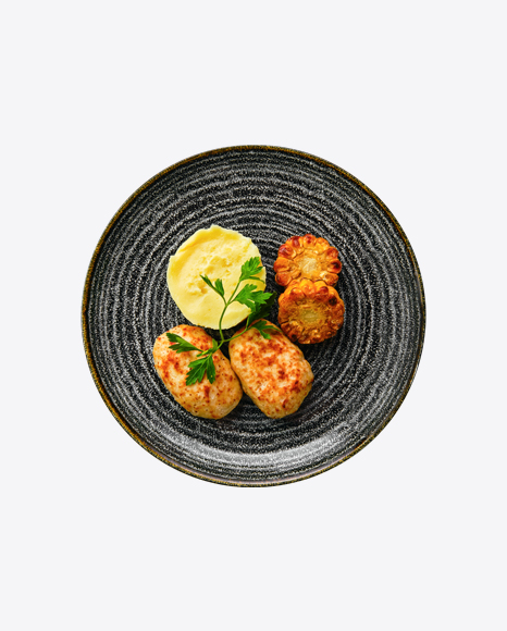 Roasted Cutlets w/ Mushed Potatoes & Corn Slices PNG