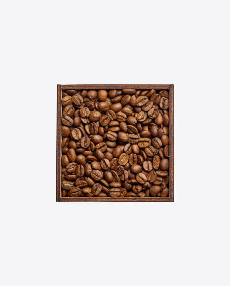Coffee Grains in Square Wooden Bowl PNG