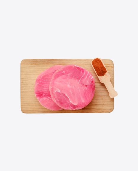 Raw Tuna Fillet Slices on Wooden Board w/ Spices