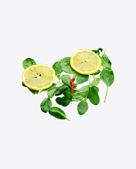 Spinach Leaves Pile w/ Lemon Slices & Dried Chili Pepper