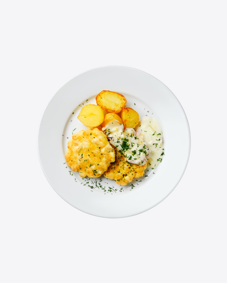 Fried Cutlet w Roasted Potatoes & Cream Sauce PNG