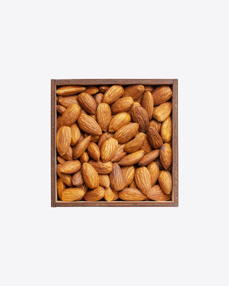 Almond Nuts in Square Wooden Bowl PNG