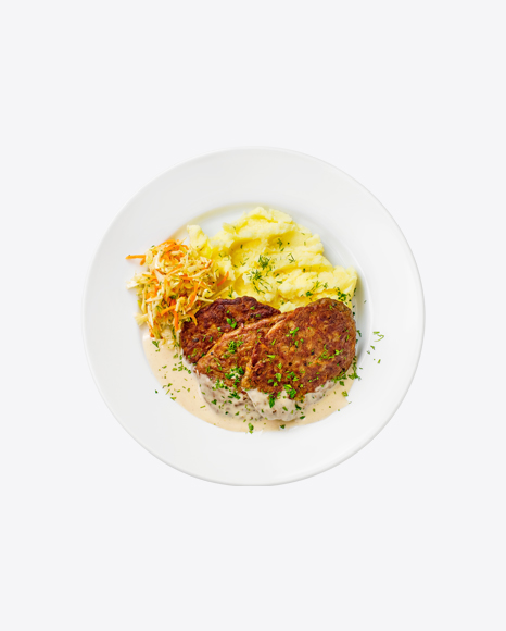 Roasted Cutlets w/ Mashed Potatoes & Cabbage Salad PNG