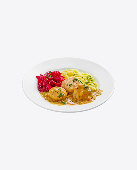 Meatballs in Gravy w/ Mushed Potatoes & Chopped Beetroot PNG