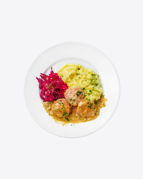 Meatballs in Gravy w/ Mushed Potatoes & Chopped Beetroot