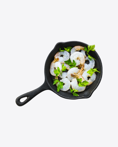 Raw Shell-Less Shrimps w/ Greens in Iron Pan