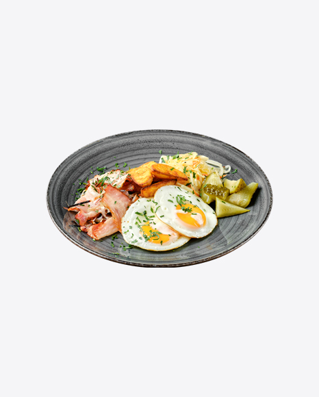 Fried Eggs w/ Ham, Potato Wedges & Pickles