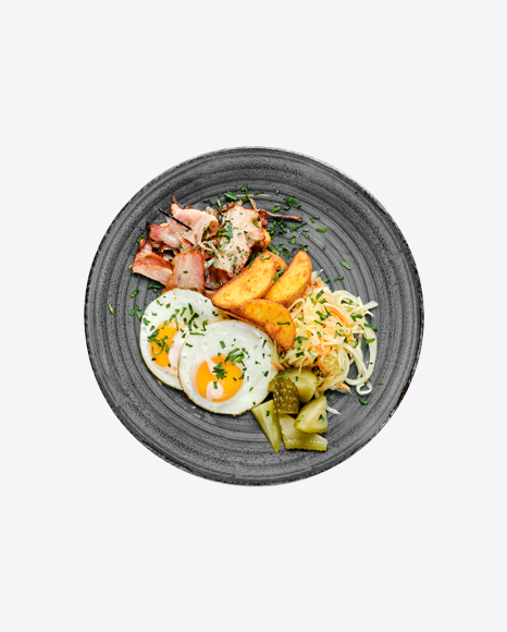 Fried Eggs w/ Ham, Potato Wedges & Pickles