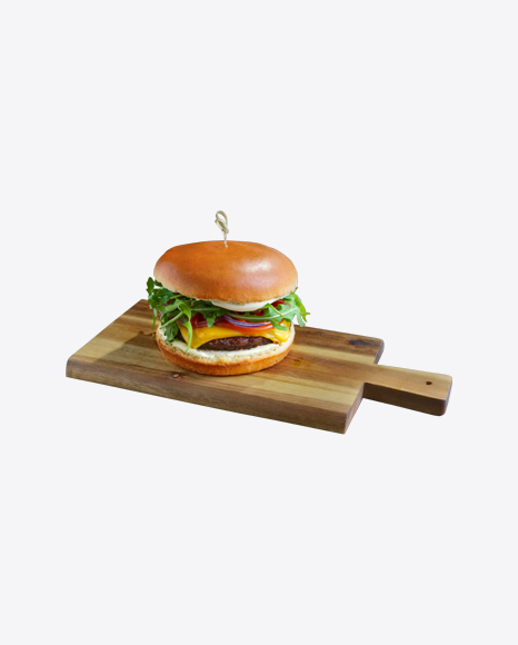 Burger w/ Arugula on Wooden Board