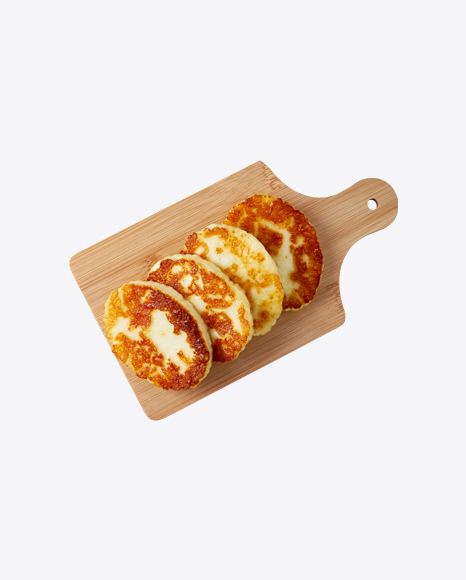 Fried Cheese on Wooden Board