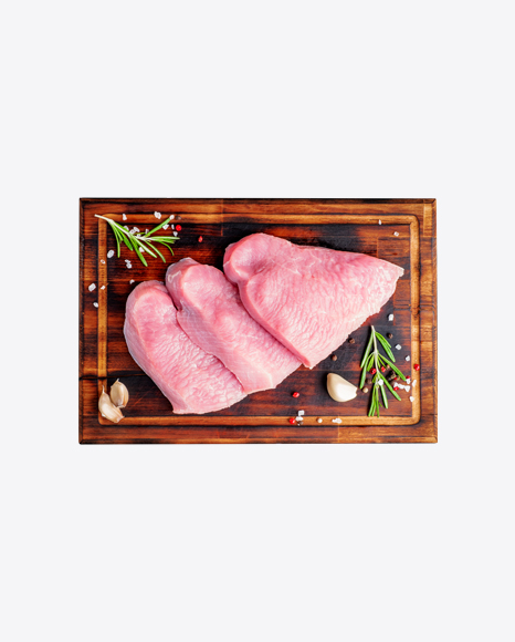Raw Meat Slices on Wooden Board
