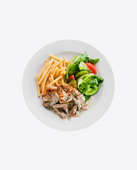 Roasted Chicken w/ Salad, French Fries & Mushrooms