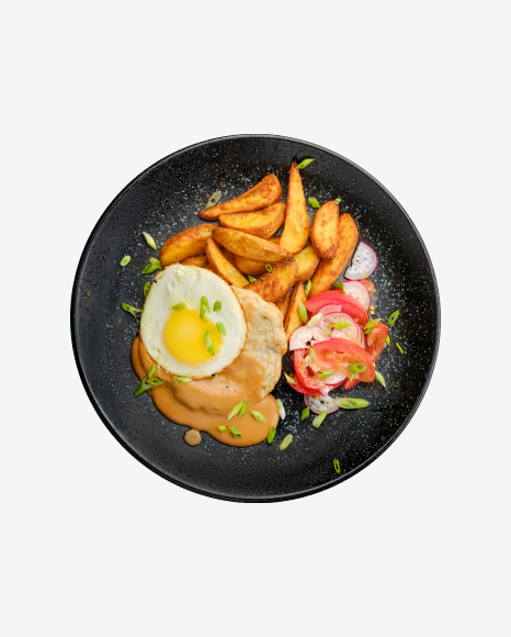 Chopped Pork Sirloin w/ Fried Potato Wedges, Egg, Tomato & Radish