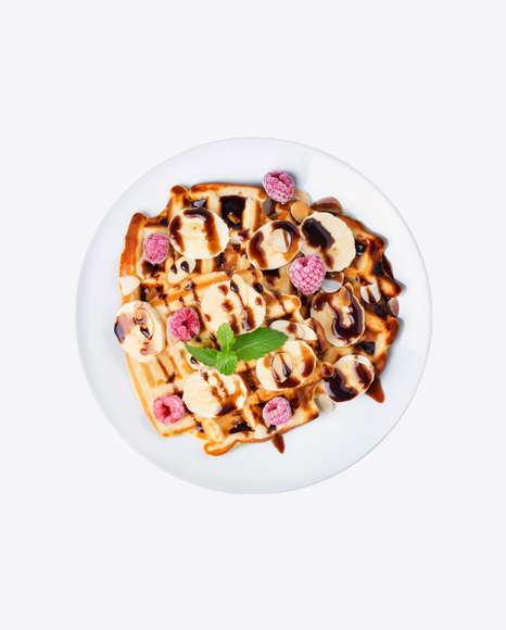 Waffles w/ Banan Slices, Raspberries & Chocolate Sauce