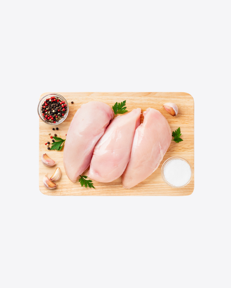 Raw Chicken Fillet on Wooden Board w/ Spices PNG