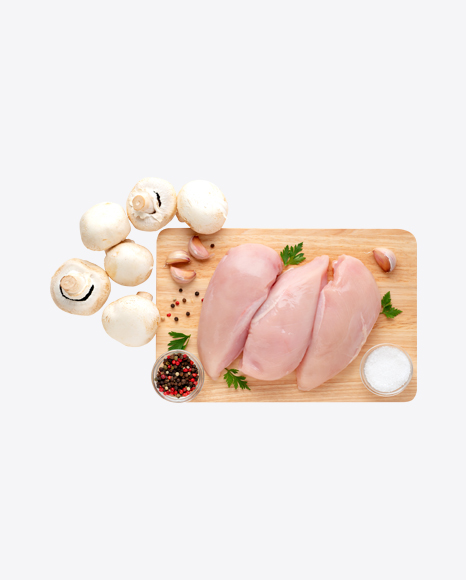 Raw Chicken Fillet on Wooden Board w/ Spices & Mushrooms PNG