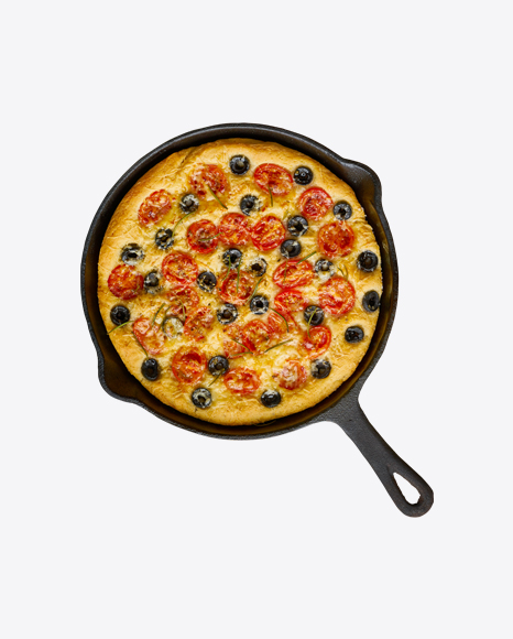 Omelette w/ Tomatoes & Olives in Iron Pan PNG