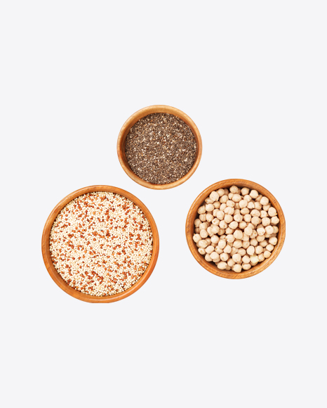 Quinoa, Chia Seeds & Cheak Pea in Wooden Bowls PNG