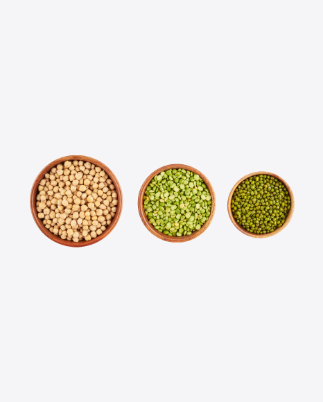 Cheakpeas, Dried Green Peas & Mung Beans in Wooden Bowls PNG
