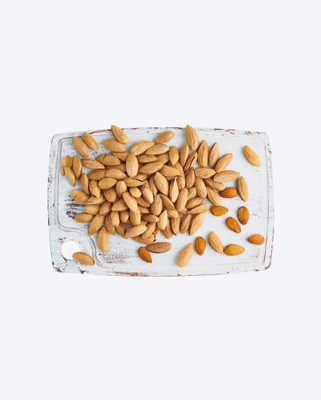 Almond Nuts in Shell on Wooden Board
