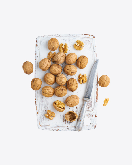 Walnuts on Wooden Board w/ Knife PNG
